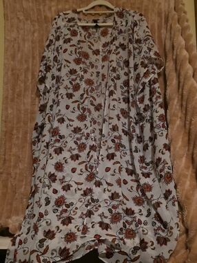 Lane Bryant White Floral Button-Front Duster with Orange & Brown Accents